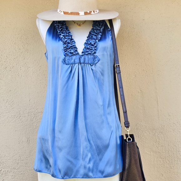 Max Studio Tops - Max Studio Blue Silk Ruffle V-Neck Sleevless Top Sz Sm